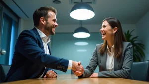 Health economics manager shaking hands with a freelance health economist after hiring them for a part-time HTA project, showing successful collaboration and flexible support.