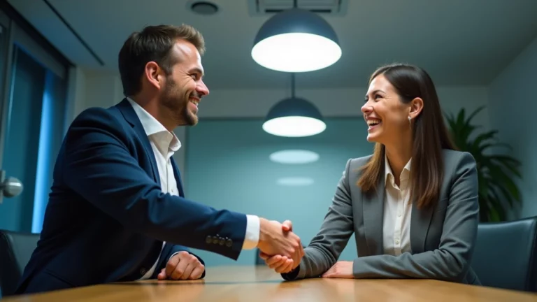 Health economics manager shaking hands with a freelance health economist after hiring them for a part-time HTA project, showing successful collaboration and flexible support.
