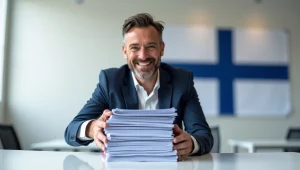 Finnish market access consultant placing reimbursement HTA dossiers on an office table, representing successful pharmaceutical submissions and market access in Finland.