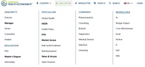 Explore the new job menus on EuropeanHealthEconomics.com. Browse health economics roles by country, seniority, specialism, company type, and modelling tools.