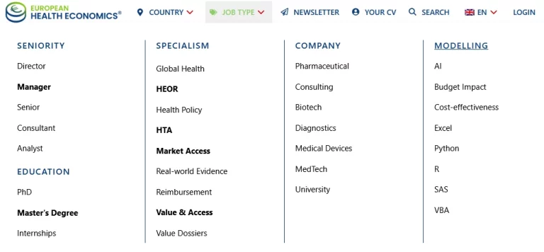Explore the new job menus on EuropeanHealthEconomics.com. Browse health economics roles by country, seniority, specialism, company type, and modelling tools.